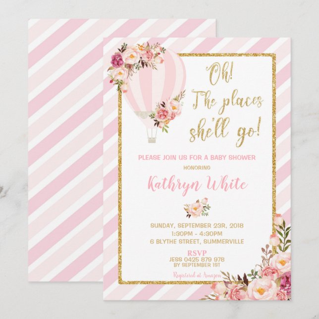 Floral Hot Air Balloon Baby Shower Invitation Girl (Front/Back)