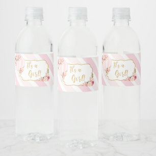Floral Hot Air Balloon Baby Shower It's a Girl Water Bottle Label