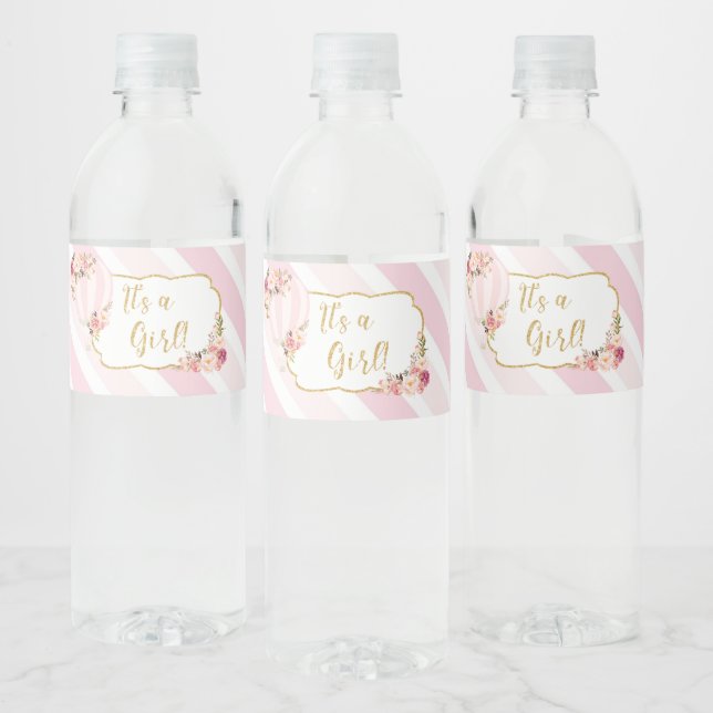 Floral Hot Air Balloon Baby Shower It's a Girl Water Bottle Label (Bottles)