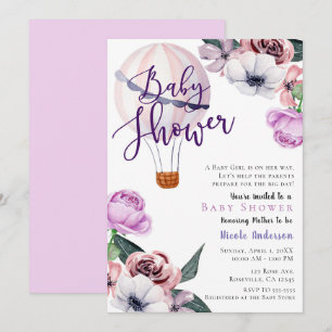 Floral Hot Air Balloon Baby Shower lavender purple Invitation