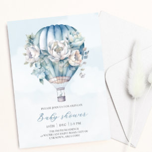 Floral Hot Air Balloon Blue Boy Baby Shower  Invitation