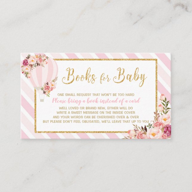 Floral Hot Air Balloon Bring a Book Pink Baby Girl Enclosure Card (Front)