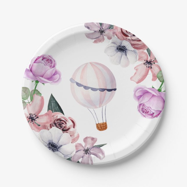 Floral Hot Air Balloon Travelling Bridal Shower Paper Plate (Front)