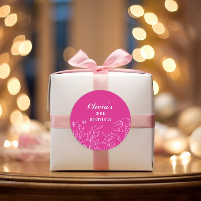 Floral Hot Pink 30th Birthday Elegant  Classic Round Sticker (Creator Uploaded)