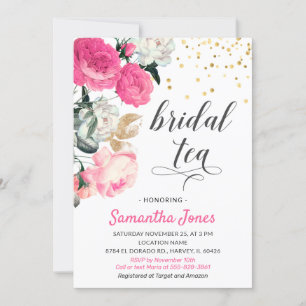 Floral Hot Pink Peony Roses Gold Bridal Shower Tea Invitation