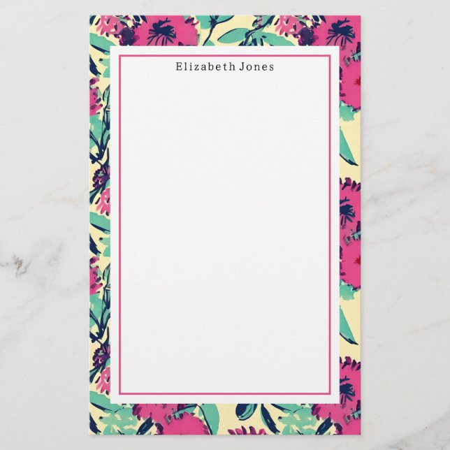 Floral Hot Pink  Stationery (Front)