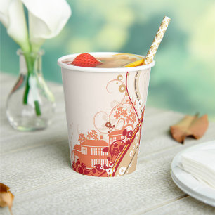 Floral House Illustration Swirl and Nature Pattern Paper Cups