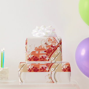 Floral House Illustration Swirl and Nature Pattern Wrapping Paper