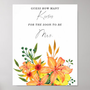 Floral how many kisses bridal shower game poster
