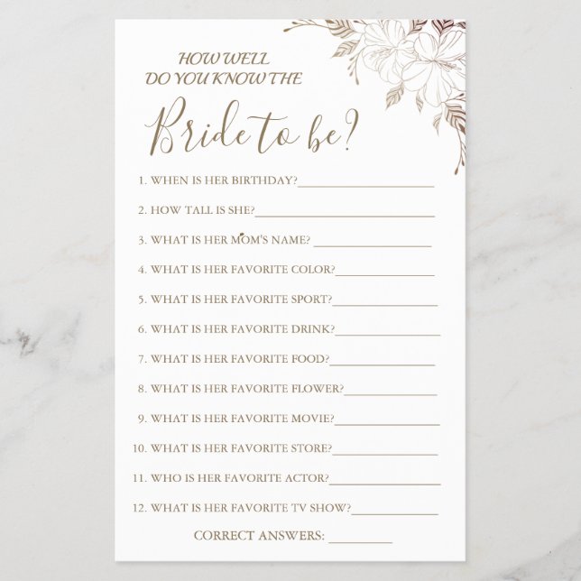 Floral How well do you know bride game card Flyer (Front)