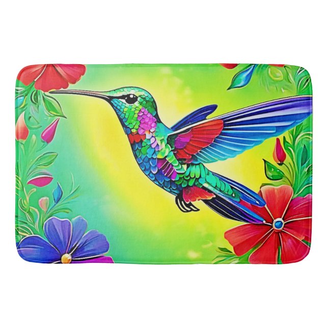 Floral Hummingbird Art Design Bath Mat (Front)