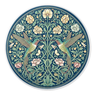 Floral Hummingbird Couple William Morris Style Ceramic Knob