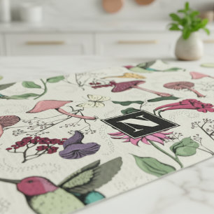 Floral Hummingbird Garden Pattern Yellow Tea Towel