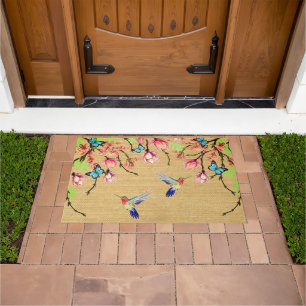 Floral Hummingbird Pattern Butterflies Nature Home Doormat