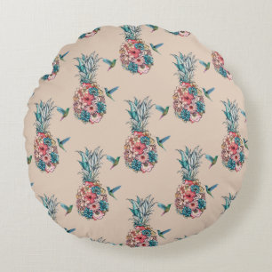 Floral Hummingbird Tropical Pineapples Cream Round Cushion