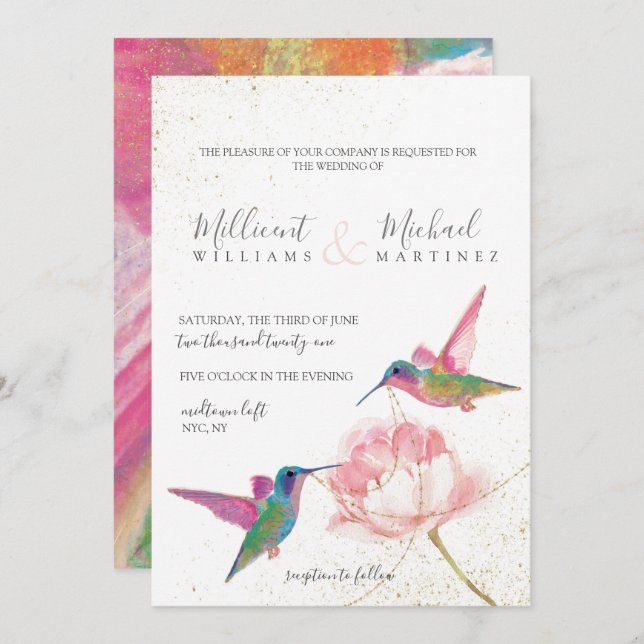 Floral Hummingbirds Gold Watercolor Wedding Invitation (Front/Back)