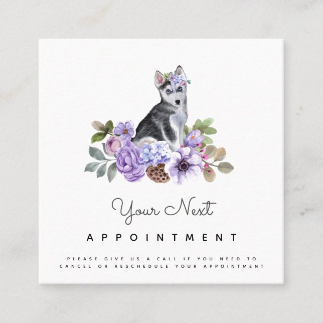 Floral Husky Puppy Cute Dog Appointment Reminder Square Business Card (Front)