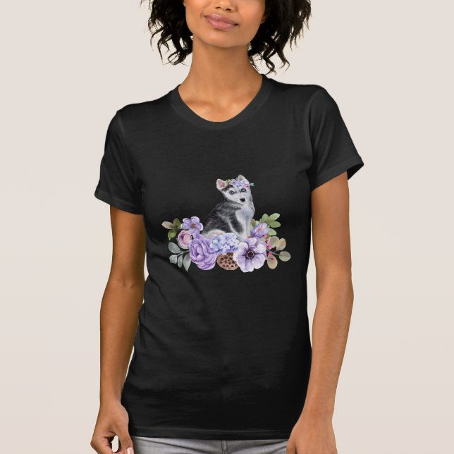 Floral Husky Puppy T-Shirt (Front)