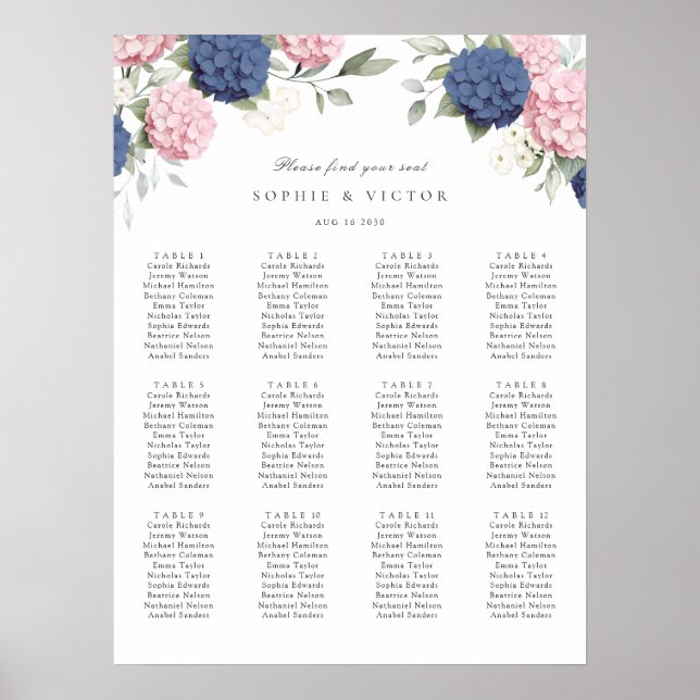 Floral Hydrangea 12 Table Wedding Seating Chart (Front)