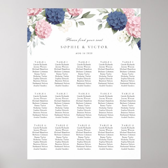 Floral Hydrangea 15 Table Wedding Seating Chart (Front)