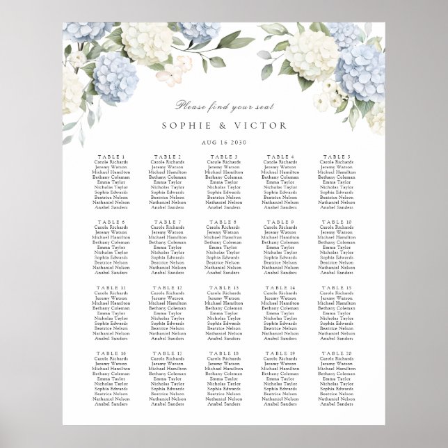 Floral Hydrangea 20 Table Wedding Seating Chart (Front)