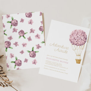 Floral Hydrangea Air Balloon Baby Shower   Invitation