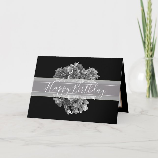 Floral Hydrangea Flower Bouquet Silver Birthday Card (Front)