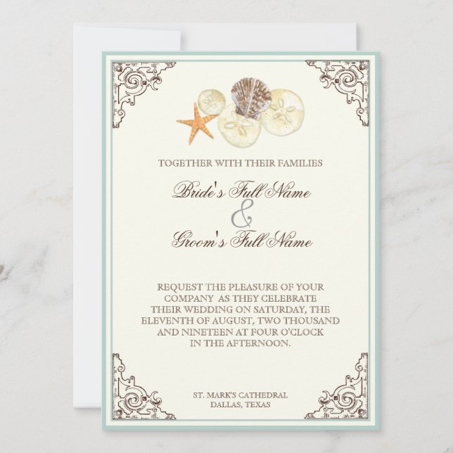 Floral Hydrangea Flower Seashell Swirls Beach Invitation (Front)
