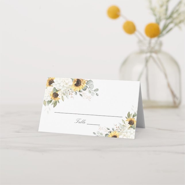 Floral Hydrangea Sunflower Wedding Place Card (Front)