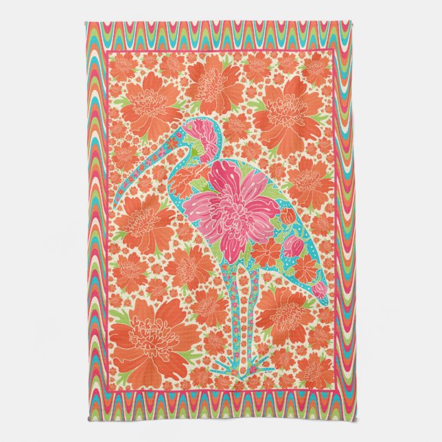 Floral Ibis Bird Retro Wavy Border Design Tea Towel (Vertical)