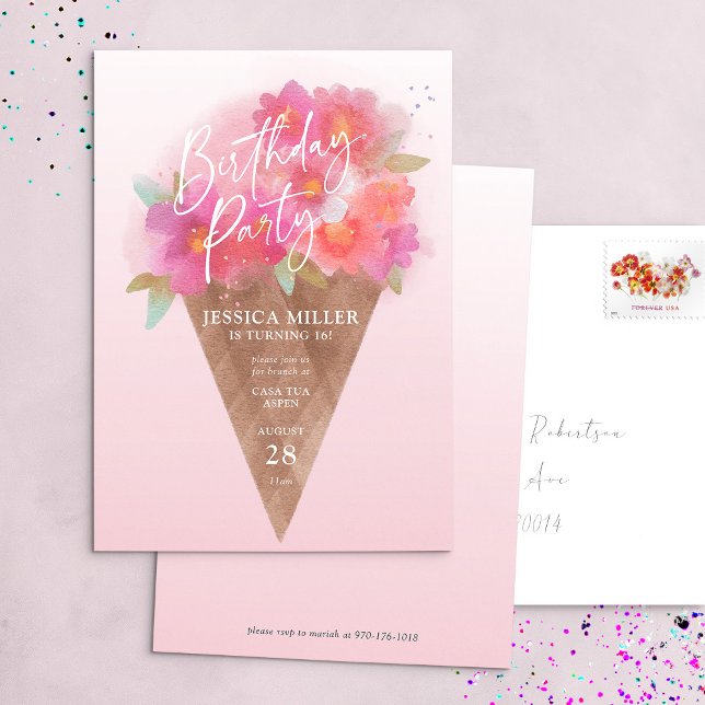Floral Ice Cream Cone Birthday Party Invitation (Creator Uploaded)