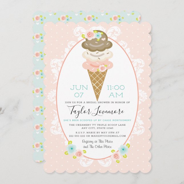 Floral Ice Cream Themed Bridal Shower Invitation (Front/Back)