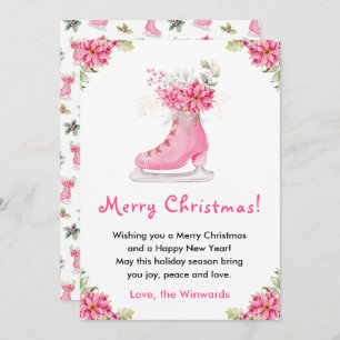 Floral Ice Skate Pink Merry Christmas Holiday Card
