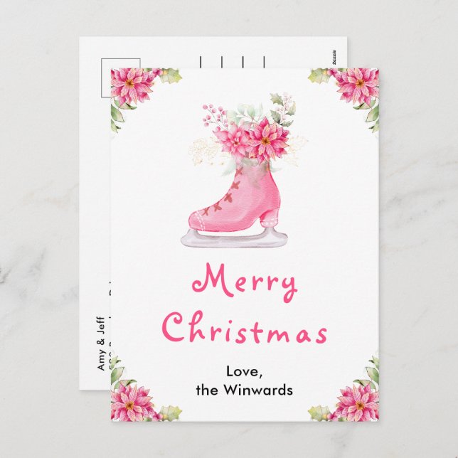 Floral Ice Skate Pink Merry Christmas Holiday Postcard (Front/Back)