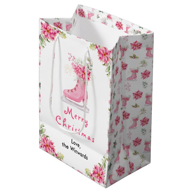 Floral Ice Skate Pink Merry Christmas Medium Gift Bag (Front Angled)