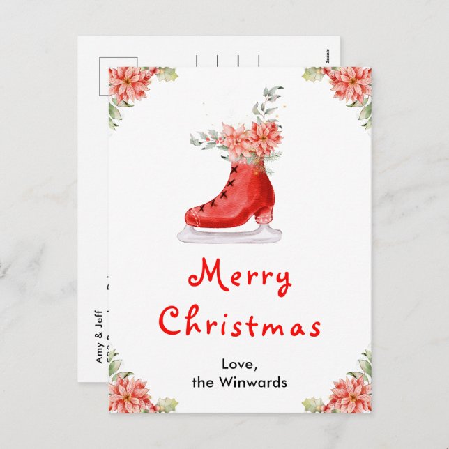 Floral Ice Skate Red Merry Christmas Holiday Postcard (Front/Back)