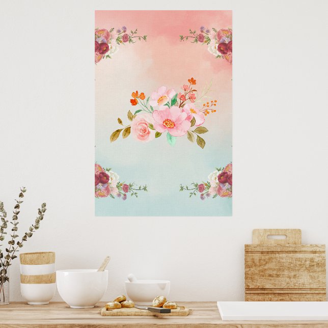 Floral Illustration Watercolor Flourishing Flowers Poster (Kitchen)