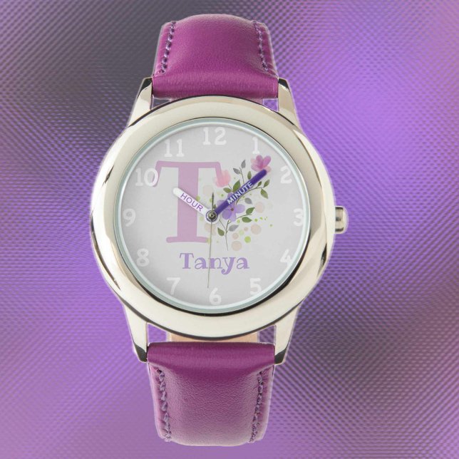 Floral Image with Numerals, Name & Initial Child's Watch (Creator Uploaded)