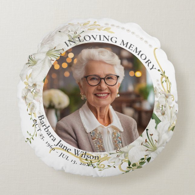 Floral In Loving Memory Memorial Funeral Keepsake Round Cushion (Front)