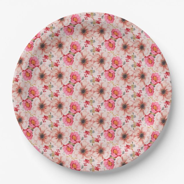 Floral in Pink Bridal Shower Bachelorette Party Paper Plate (Front)