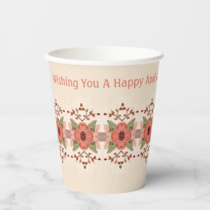 Floral In Rusty Red Peach With Pink Paper Cups