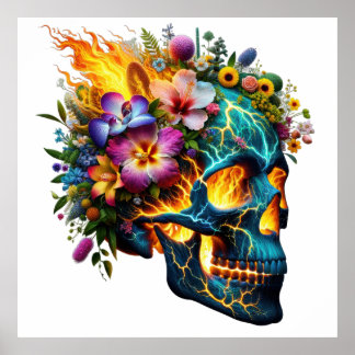 Floral Inferno Skull Poster