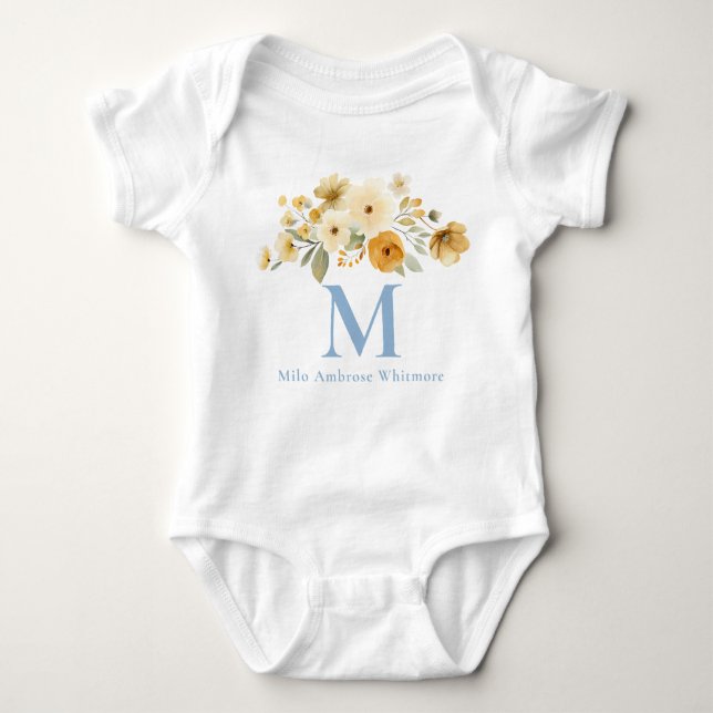 Floral Initial Baby Bodysuit | Blue Monogram Name (Front)