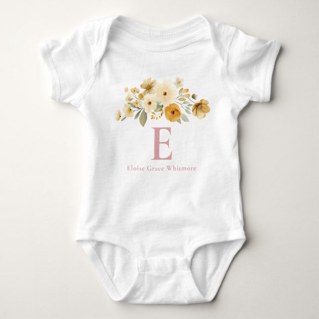 Floral Initial Dusty Rose Girl Monogram  Baby Bodysuit (Front)