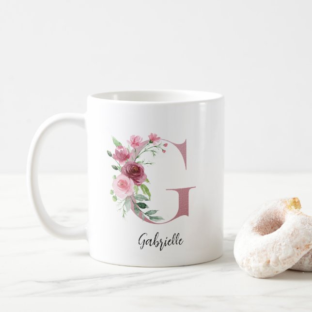 Floral Initial G Burgundy Roses Editable Name Coffee Mug (With Donut)