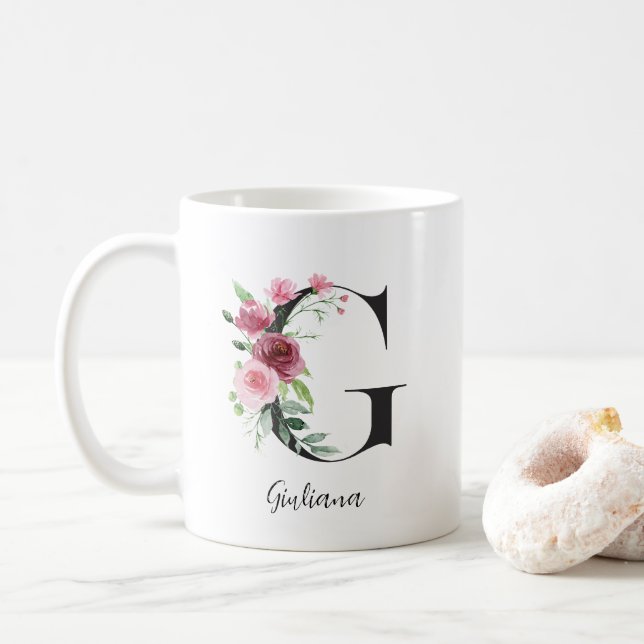 Floral Initial G Pink Roses Editable Name Coffee Mug (With Donut)