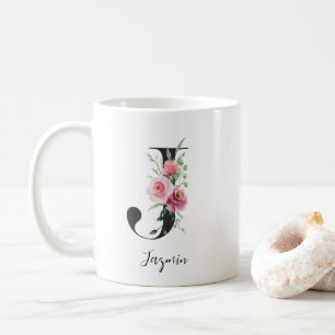 Floral Initial J Pink Roses Editable Name Coffee Mug