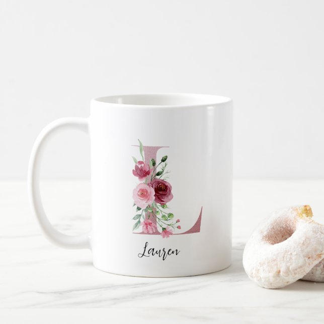 Floral Initial L Burgundy Roses Editable Name Coffee Mug (With Donut)