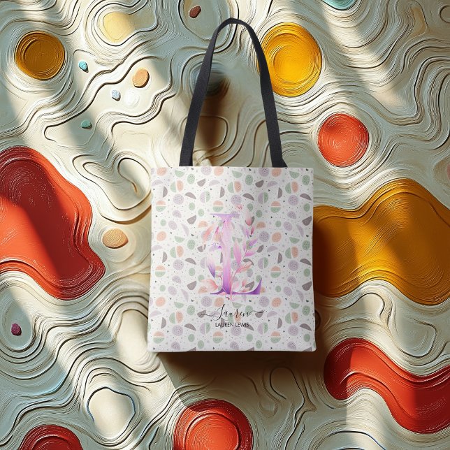 Floral Initial L Tote Bag with Boho Pastel Pattern (Creator Uploaded)