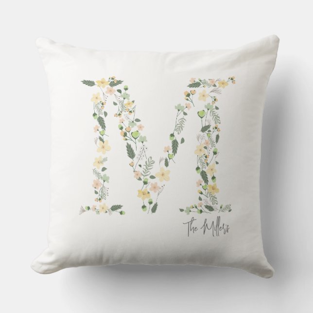 Floral INITIAL "M"Soft Colours Meadow NAME Sweet Cushion (Front)